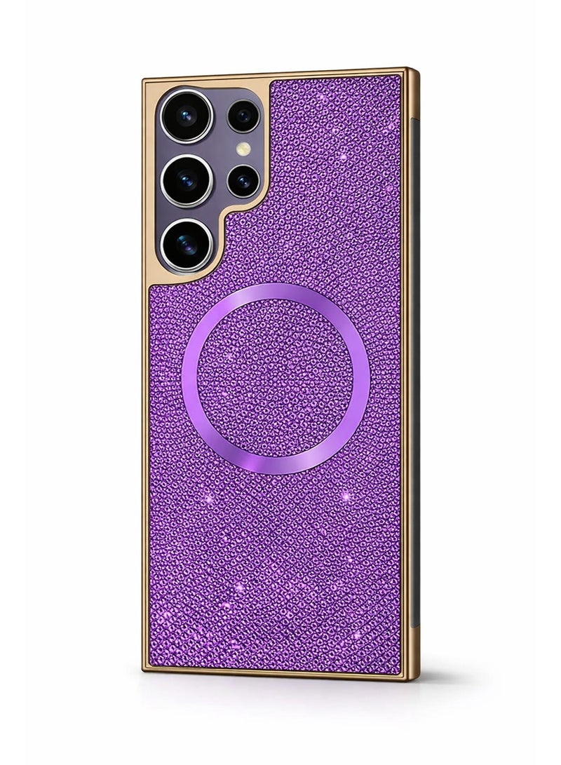 جراب شحن لاسلكي مغناطيسي لهاتف Galaxy S24 Ultra - ظهر مزخرف بلون الجمشت الملكي الأرجواني مع إطار ذهبي شامبانيا، غطاء نحيف مقاوم للصدمات - Image 1